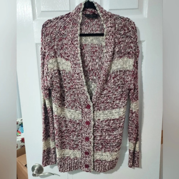 NWOT Lane Bryant Maroon Classic Long-Sleeve Button-Front Cardigan Marl Stripe 1X - Picture 2 of 12